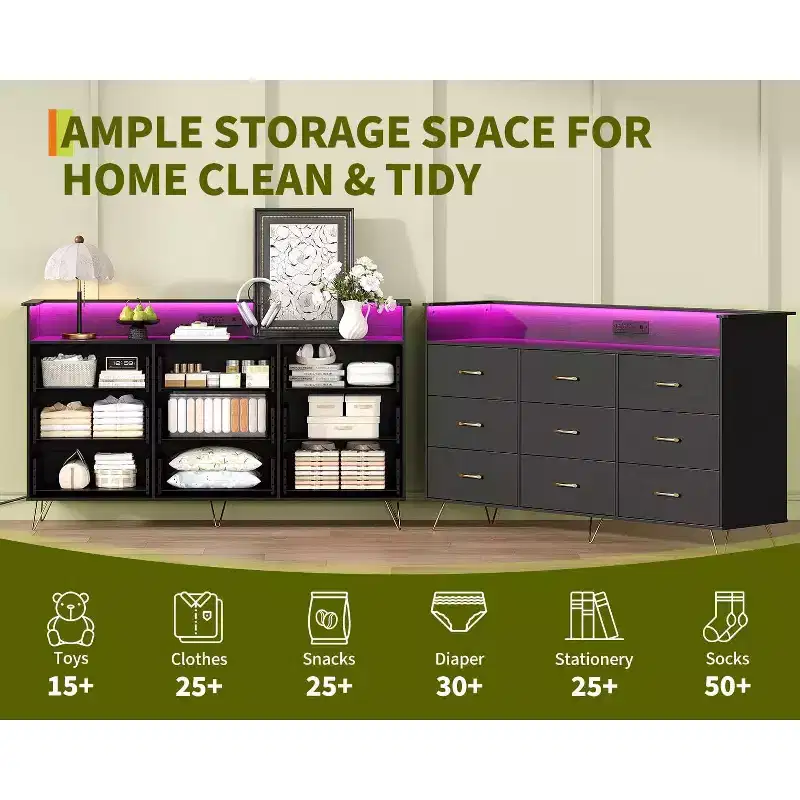9-Drawer Tall Wooden Dresser, with APP-Controlled RGB Light & Charging Station for Living Room, Black