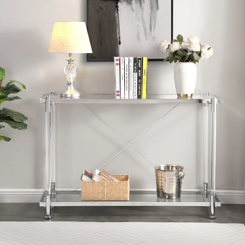 43.31 Chrome Glass Sofa Table, Acrylic Side Table, Console Table for Living Room& Bedroom