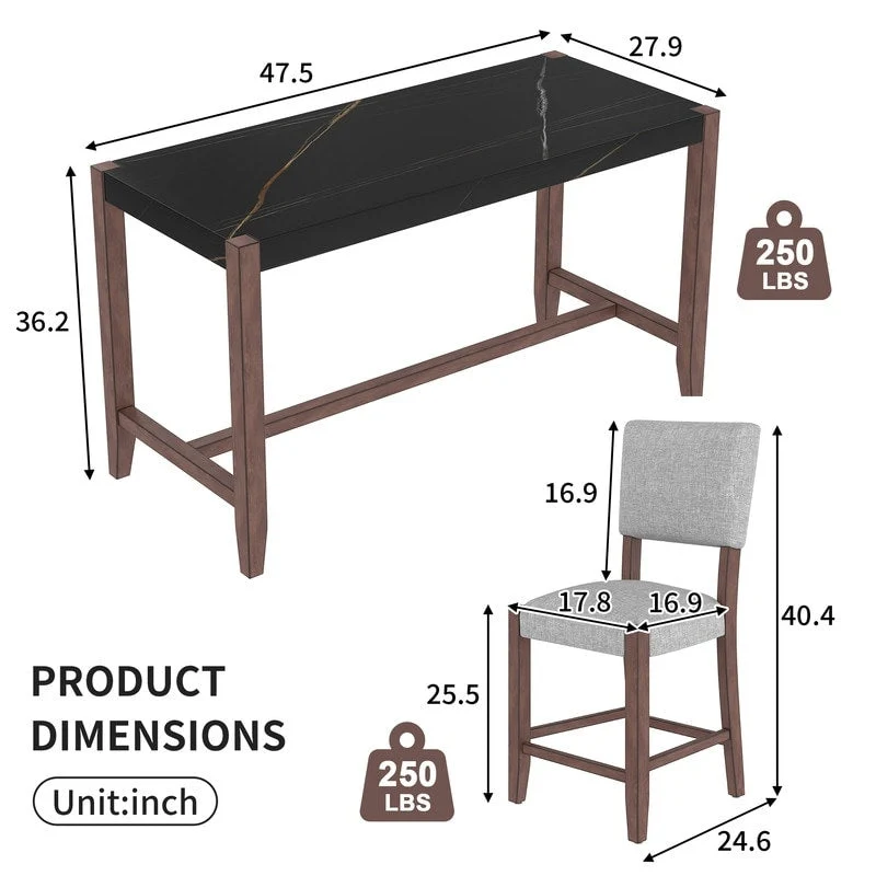 Modern 5-Piece Counter Height Dining Table Set, Faux Marble Bar Table and 4 Upholstered-Seat Chairs