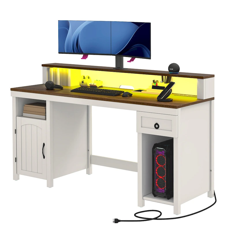 Moasis Farmhouse Wood Office Desk with Drawer and LED Strip & Power Outlets