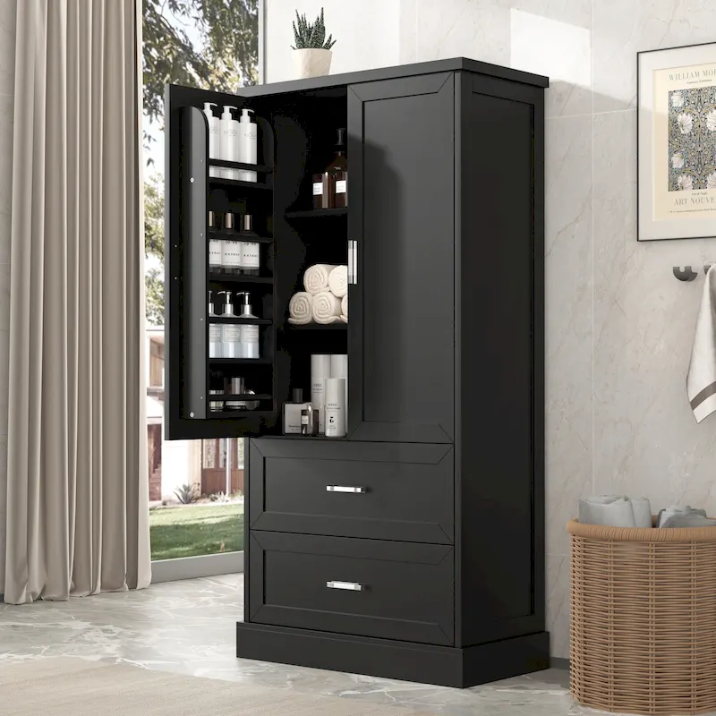 Black / White Tall Storage Cabinet with 2 Doors, 2 Drawers & Adjustable Shelf – Modern Style, Bathroom / Office Use