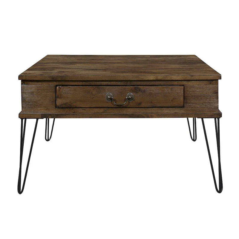32 Inch Square Cocktail Coffee Table with 2 Drawers, Brown Wood Top, Black Metal Legs