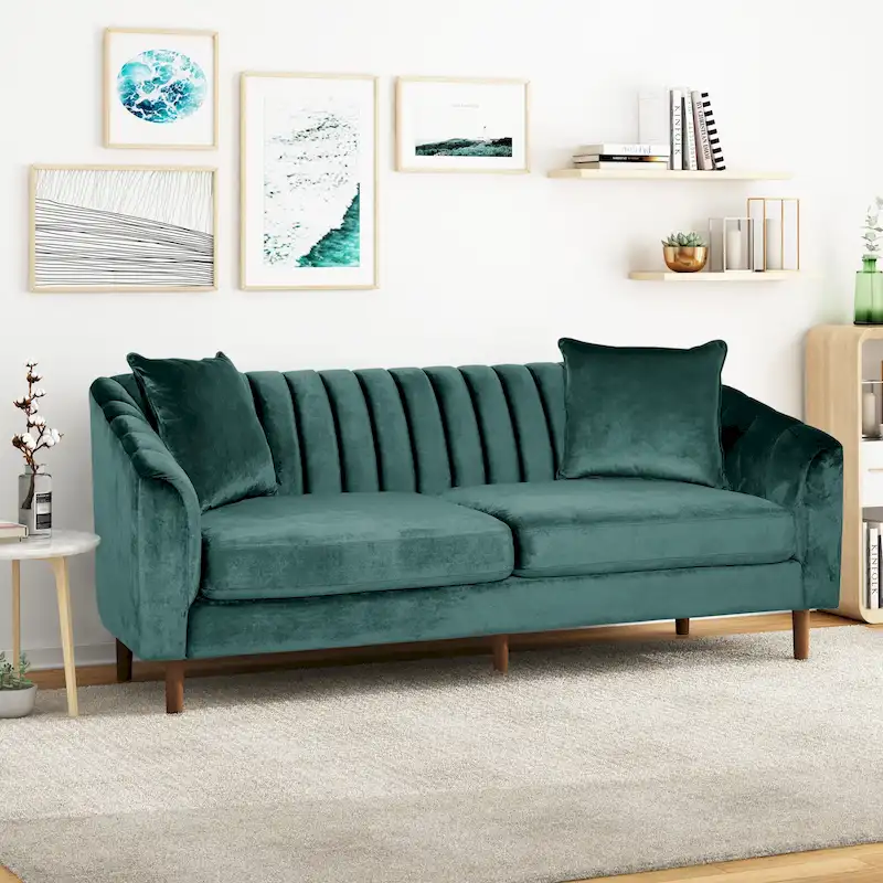 Contemporary Velvet 3-Seat Sofa with Channel Tufting and Sloped Arms