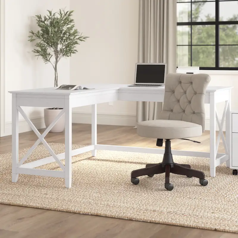 Pure White / Bing Cherry / Washed Gray L-Shaped Corner Desk, 2-Person, 60W x 60D