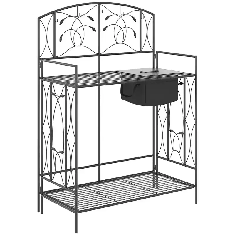 Outsunny Folding Potting Bench Table, Metal Garden Workstation, Work Bench with Large Built-in Bag with Cover, 5 Hanging Hooks & Storage Shelf,