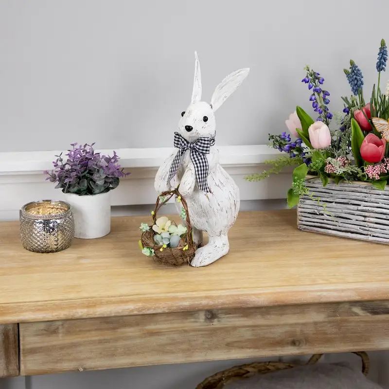Rustic Rabbit with Easter Basket Standing Figure - 14  - Brushed White