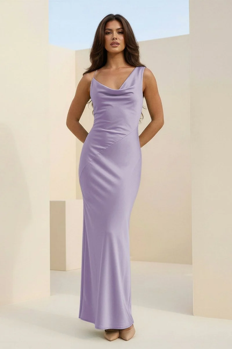 Red Cowl Neck Sleeveless Sheath Satin Backless Long Prom Dresses