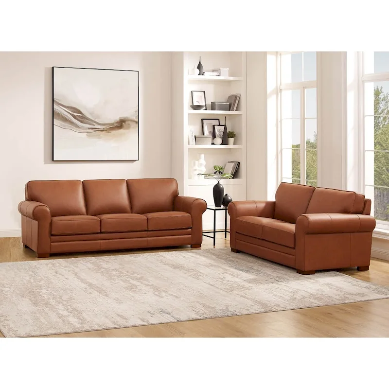 Brown Top Grain Leather Sofa with Track Arms
