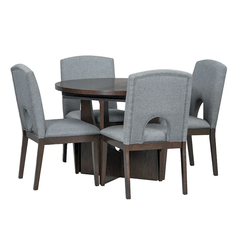 Modern Style 5-Piece Extendable Round Dining Table Set with Removable Leaf and Upholstered Dining Chairs