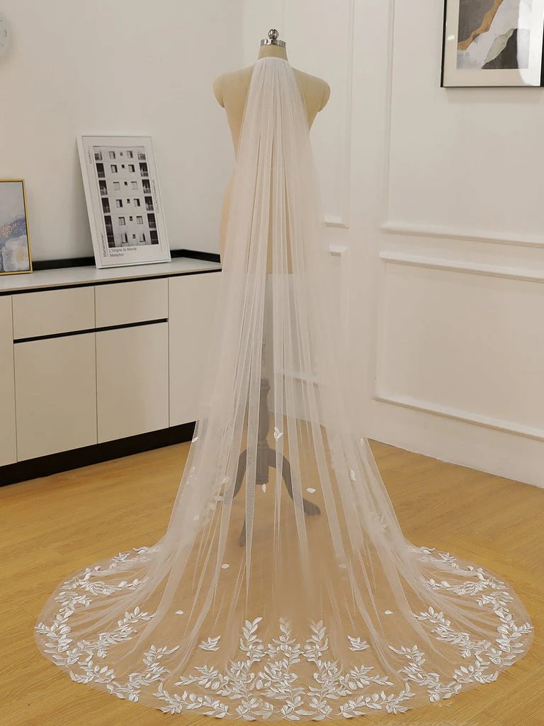 Simple Leaves Lace Chapel Train Veil Bridal Veil Wedding Veil