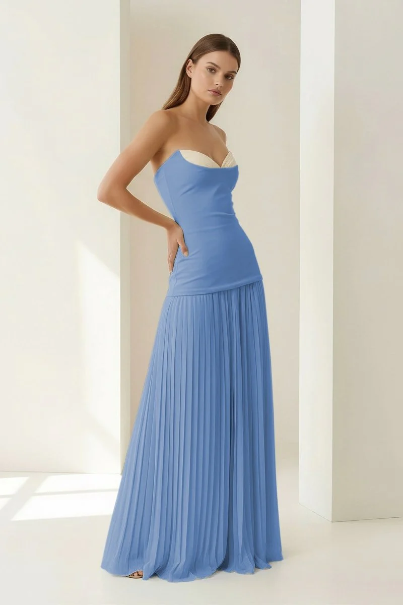 Blue Strapless Sheath Chiffon Pleated Long Prom Dresses