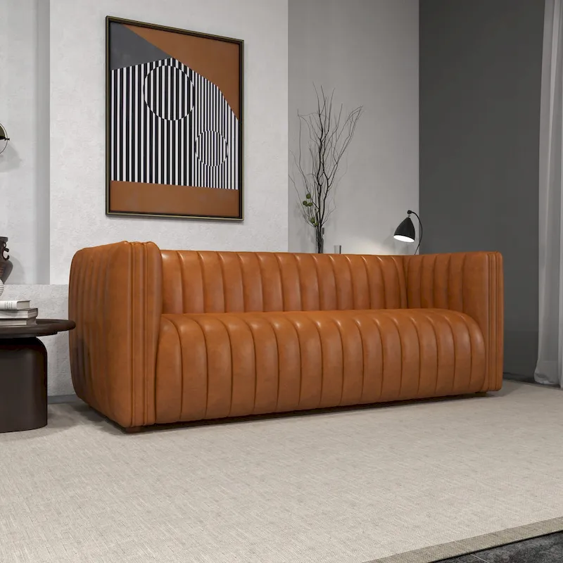 Rasam Mid Century Modern Luxury Tight Back Geniune Leather Couch in Cognac Tan