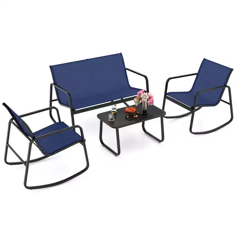 Costway 4/8 PCS Patio Rocking Set 4 Rocking Chairs & Loveseat with Glass-Top Table Outdoor Navy