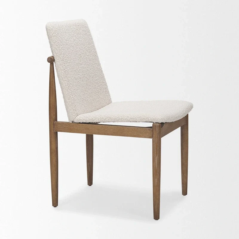 Cream Boucle Upholstered Dining Chair with Dark Brown Wood Frame