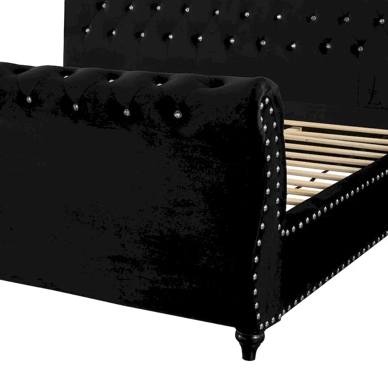 Gracewood Hollow Trivedi Black Velvet Crystal Button-tufted Sleigh Bed