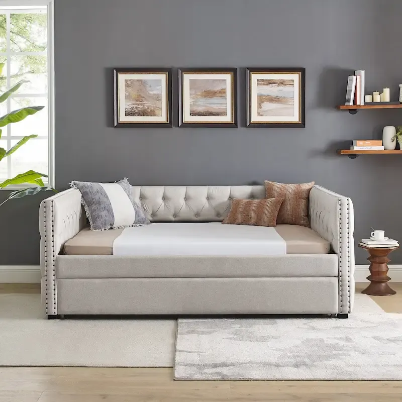 Full Size Upholstered Daybed Sofa Bed with Twin Size Trundle