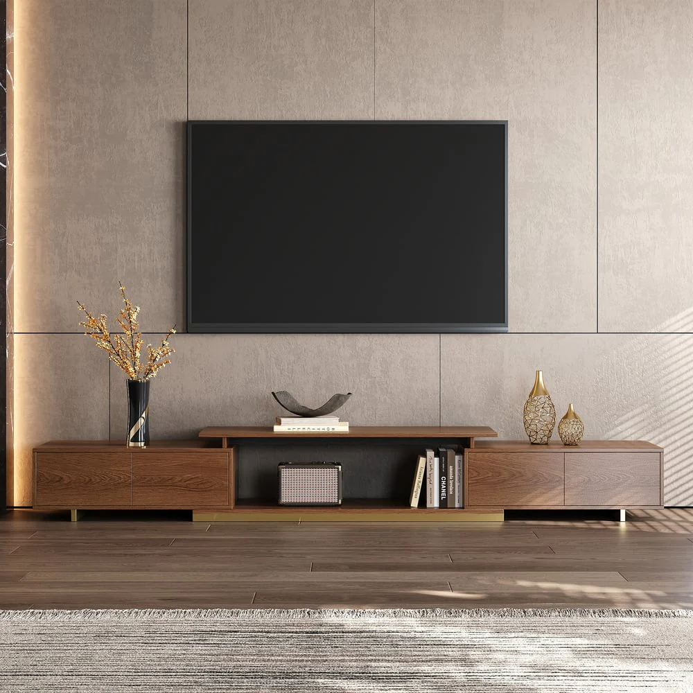 Extendable Walnut Wooden Open Storage TV Stand