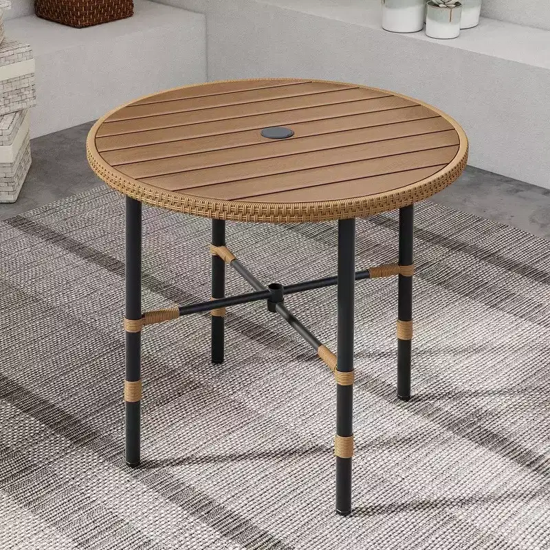 Outdoor Wicker Round Dining Table Plastic Wood Tabletop with 2.2in Umbrella Hole