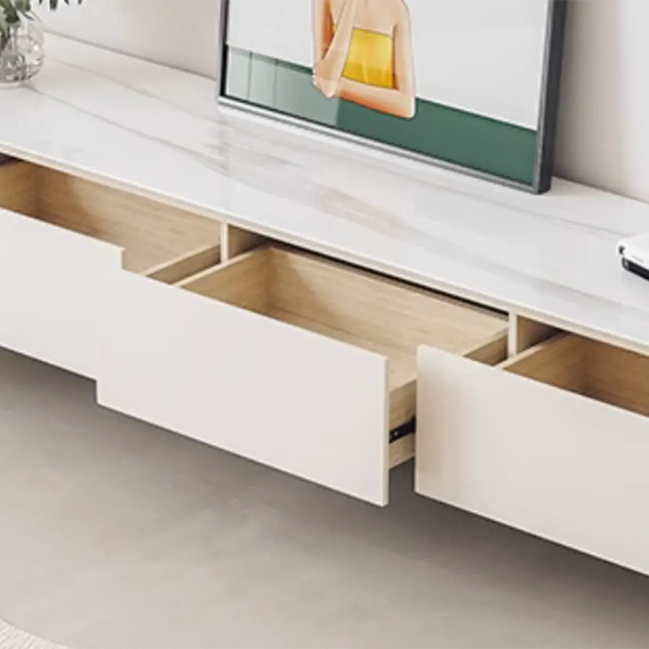 White Stone Cable Management Drawers TV Stand with Legs