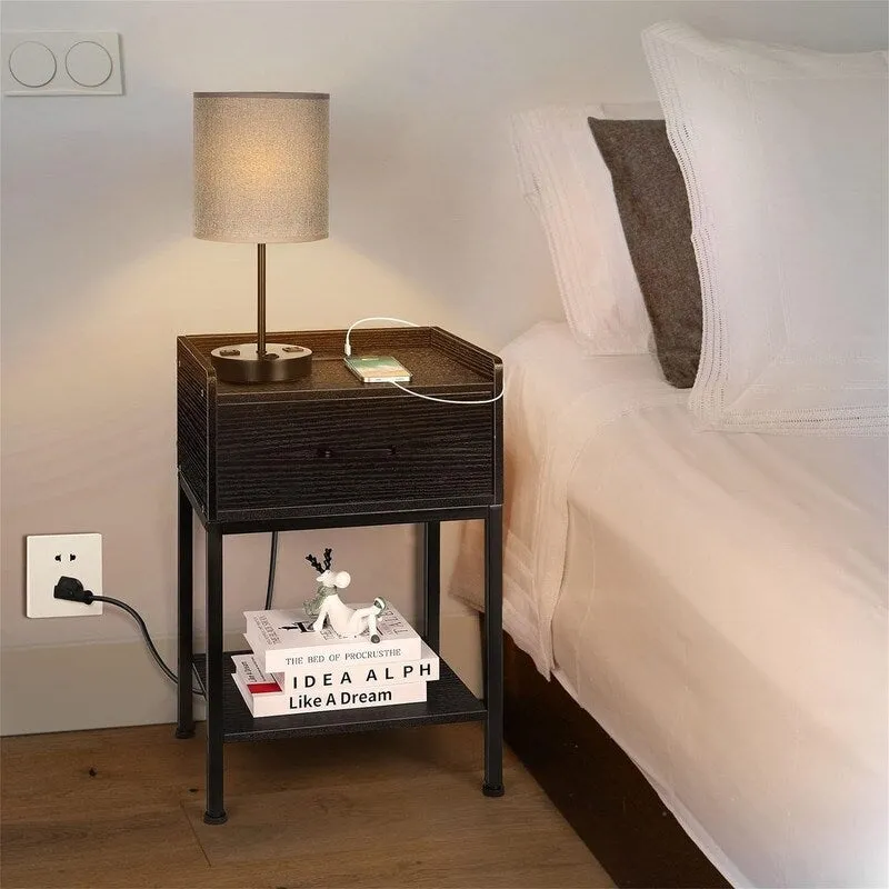 Nightstand with Charging Station – Grey/White/Brown/Black, Retro Style, 1-Person
