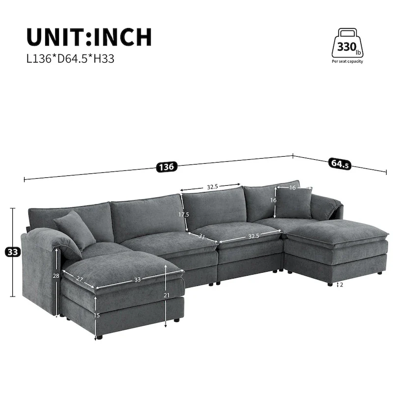 136 U-Shaped Chenille Cloud Sectional Sofa with Dual Ottomans