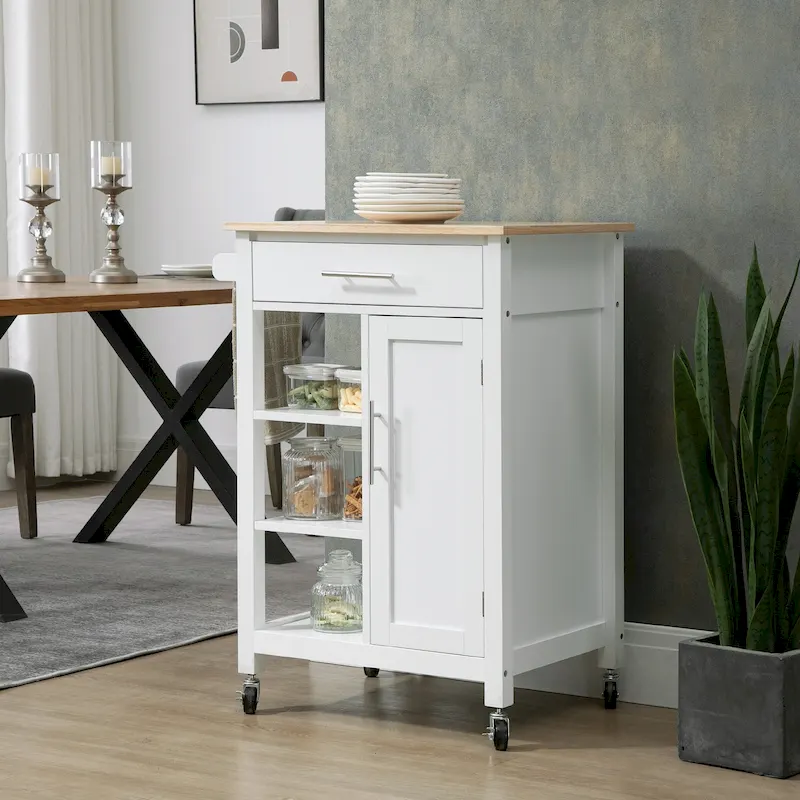 Compact Kitchen Island Cart on Wheels, Rolling Utility Trolley Cart with Storage Shelf & Drawer for Dining Room