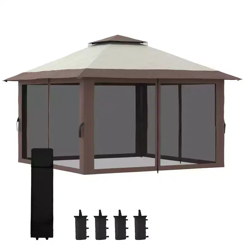 Outsunny 13' x 13' Pop Up Canopy, Gazebo Tent with Netting, Weight Bags, Adjustable Height & Wheeled Carry Bag