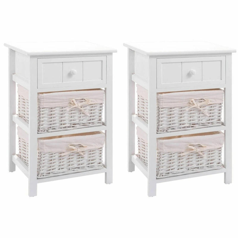 3 Layer Set of 2 Wooden Bedside End Table with 2 Wicker Baskets and 1 Drawer - 16 x 12 x 25(L x W x H)