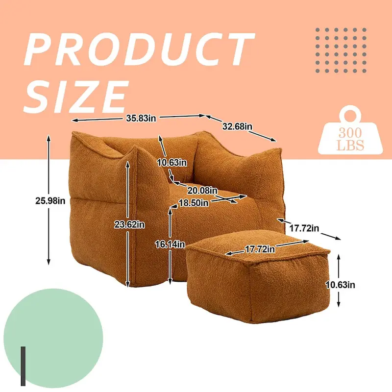 Boucle Upholstered Deep Seat Armless Square Bean Bag Chair with Ottoman