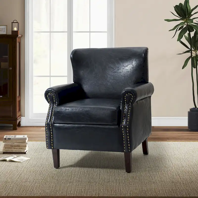Levi Transitional Leather Armchair with Nailhead Trim Rolled Arms by HULALA HOME