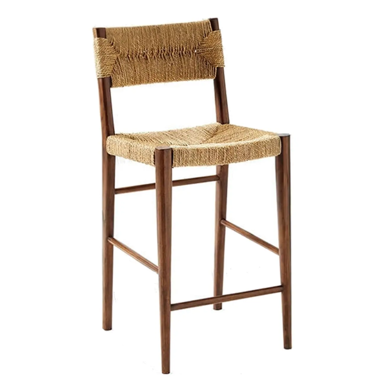 Natural Wood Woven Seat Low Back Bar Stools