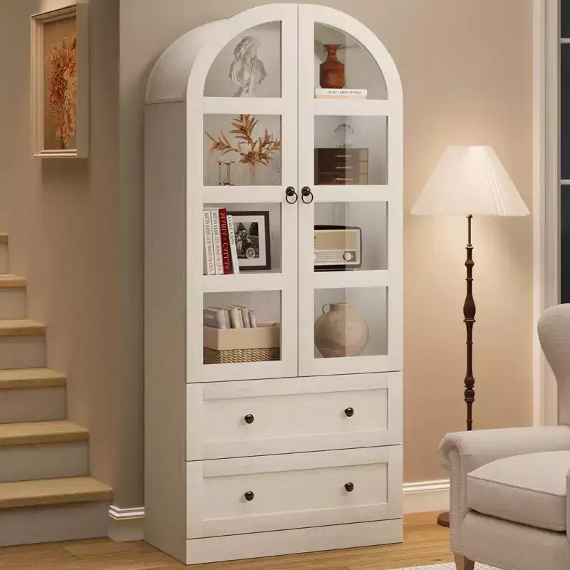 Coolmee 71 Inch Tall Arched Bookcase Cabinet, Wood Bookshelf with Doors & Drawers, Large Display Cabinet with Storage for Office Living Room