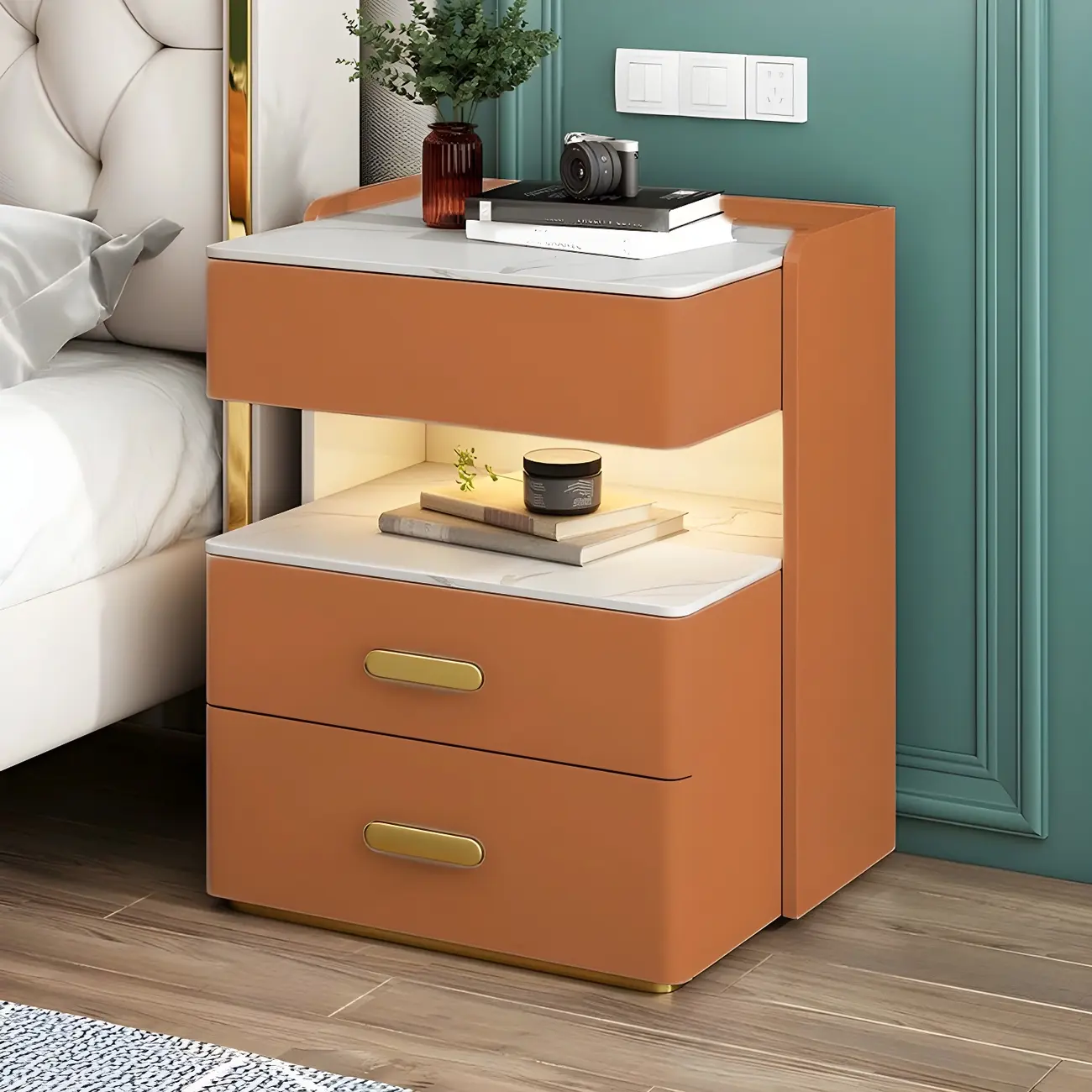 Modern Grey Bedside Table with Drawers and Stone Top