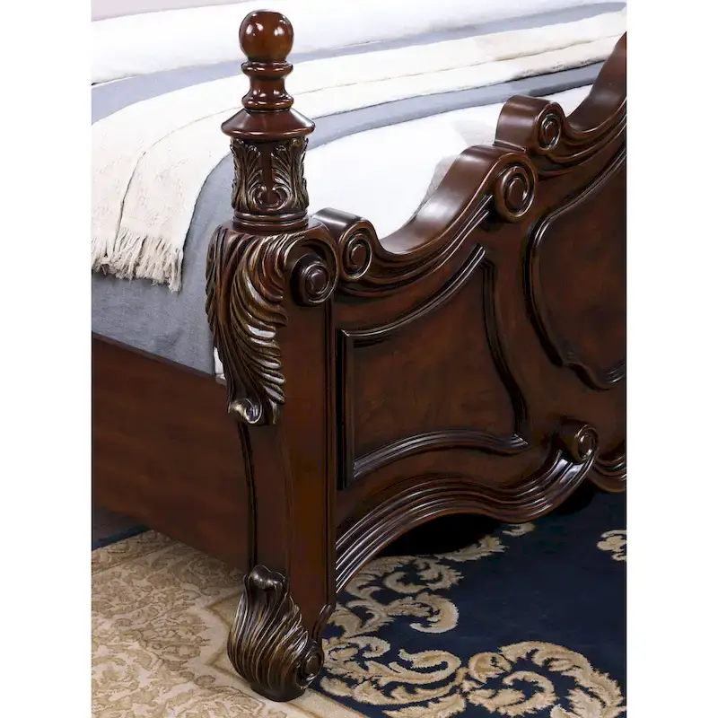 Furniture of America Eugene Traditional Dark Cherry Solid Wood Four Poster Panel Bed with Carved Details