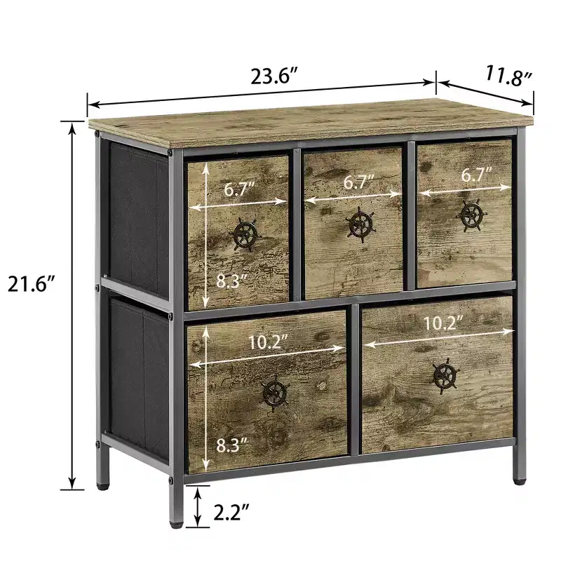 VECELO Wooden Top Dresser with 5 Drawers, Bedside/End Table for Living Room or Bedroom, Easy Pull Handle, Gray