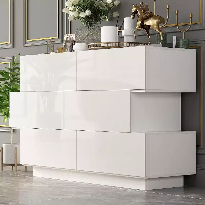 Famapy Glossy Chest of Drawers Polished 6 Drawer Dresser Modern & Contemporary Style White