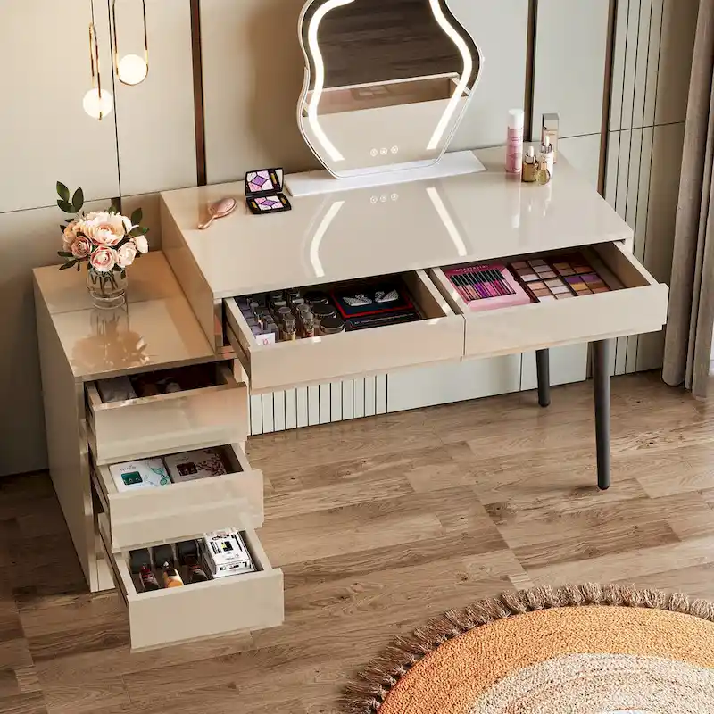 Reversible Computer Desk with 5 Drawers & Printer Stand – High Gloss White