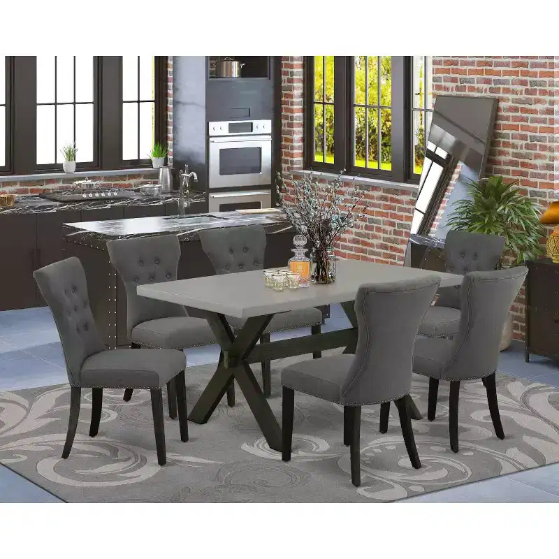 HomeStock 7-Pc Rectangle Natural Oak Finish Solid Wood Top Dining Table with 6 Parson Chairs