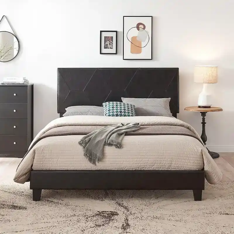 Queen Size Upholstered Platform Bed Frame ,Wood Slat Support, Easy Assembly,Black,PU