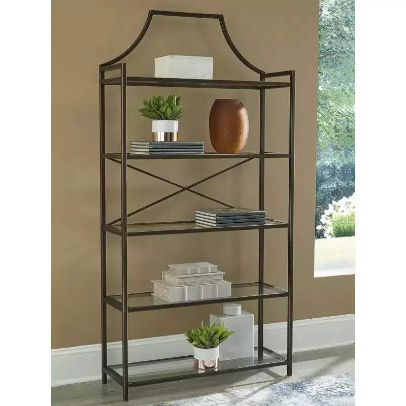 Ashley Furniture Bernonly 72 Glass Bookcase - 5 Shelf Metal Frame Display Storage Unit, Antique Bronze Finish