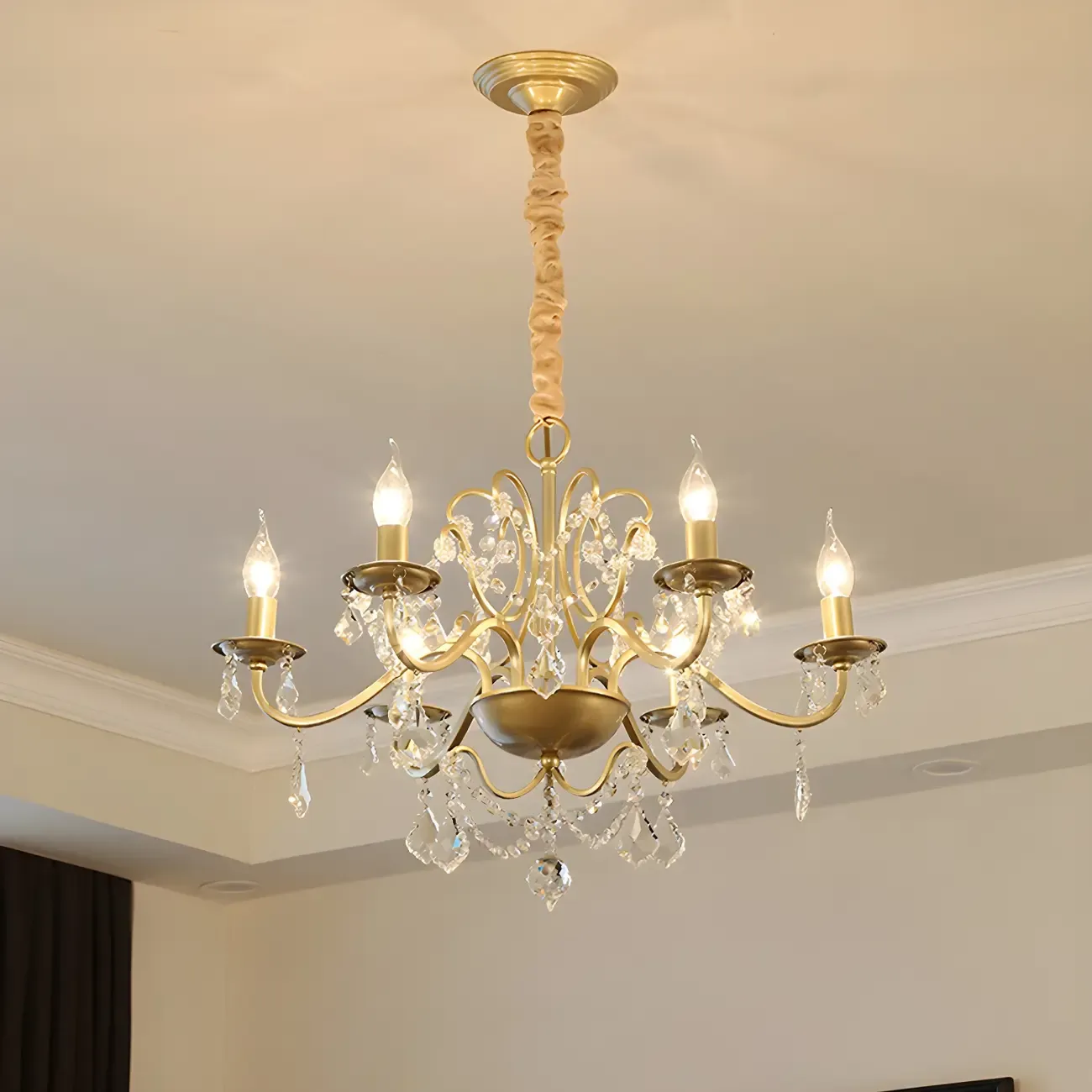 French Curved Arms Gold Crystal Candelabra Chandeliers