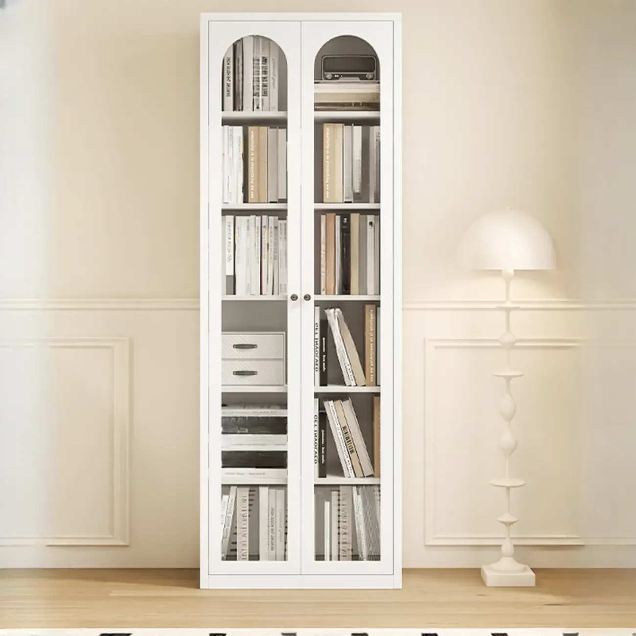 Tall White 6 Shelves Metal Glass Door Bookcase