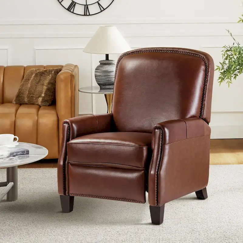 Modern Retro Genuine Leather Recliner with Nailhead Trim & Wooden Frame
