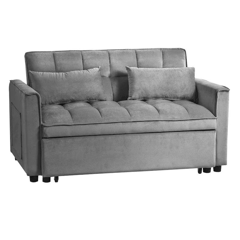 Modern Velvet Loveseat Futon Sofa Couch Pullout Bed, Small Love Seat Lounge Sofa w/Reclining Backrest, Toss Pillows, Pockets
