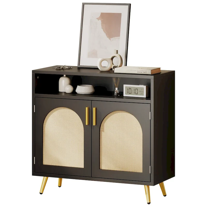 Black Rattan 2-Door Buffet Sideboard Cabinet with Adjustable Shelves