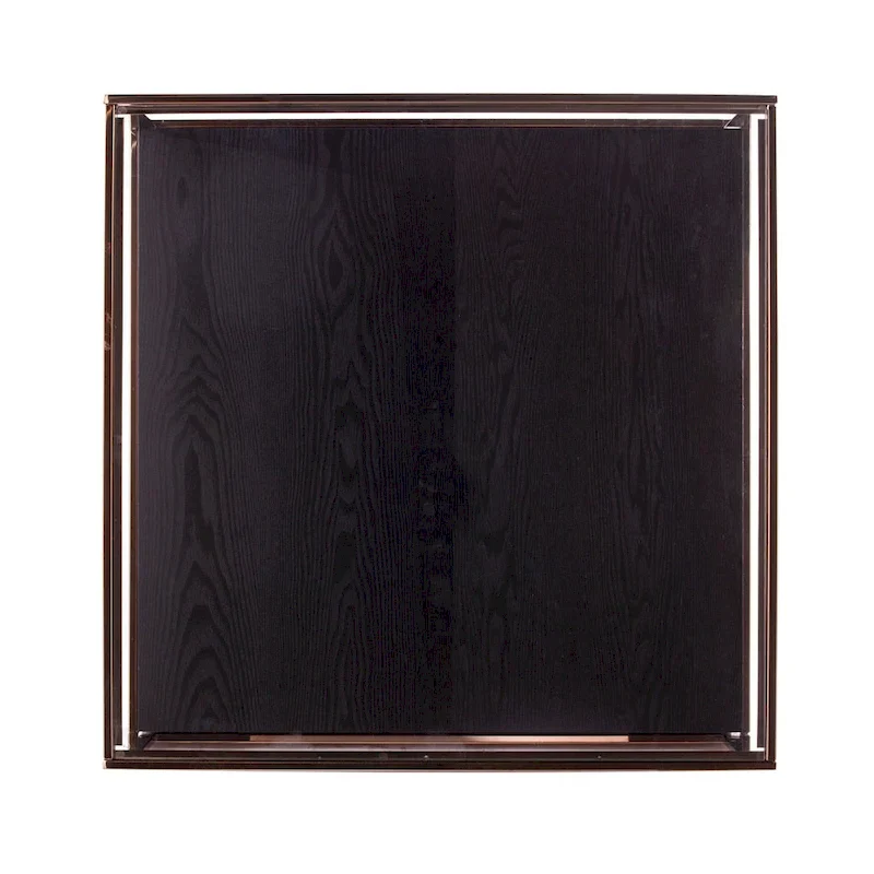 Transitional style square metal coffee table, glass top, wooden base