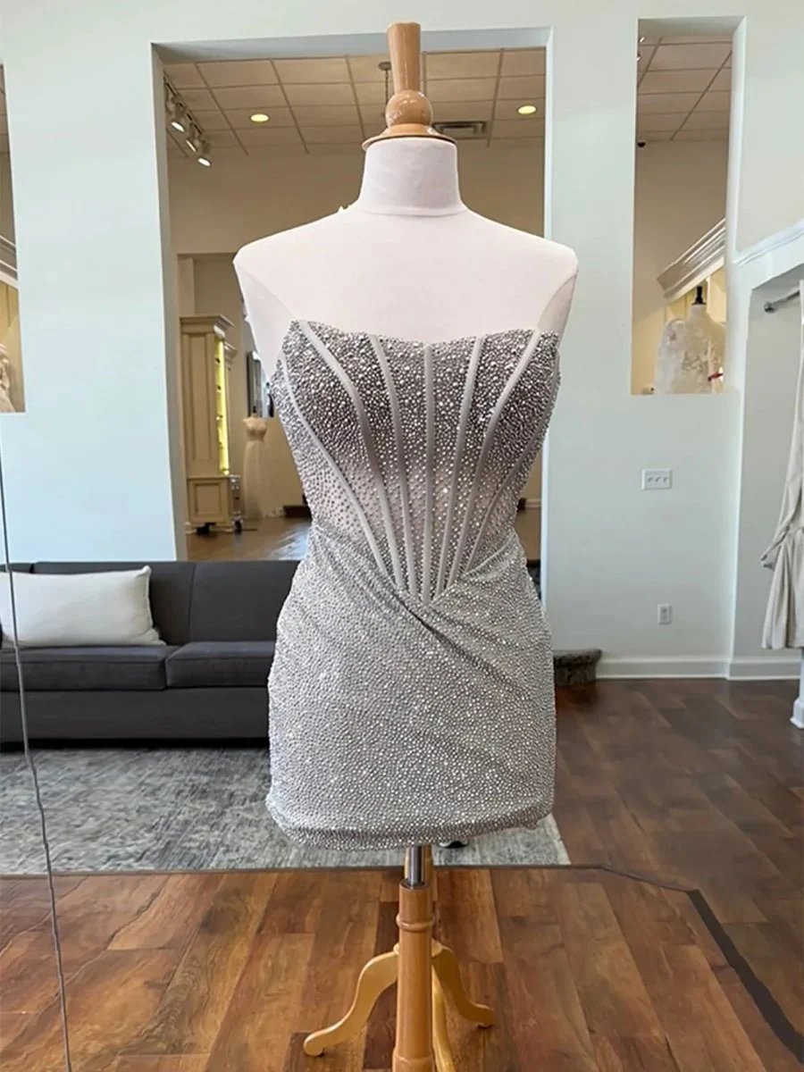 Silver - Tight Beaded Strapless Short Corset Homecoming Dress