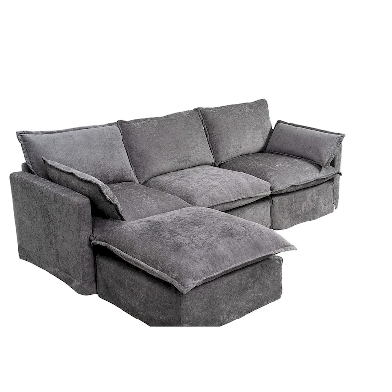 93.31  Faux Linen Modular Sectional Sofa with Movable Ottoman, Solid Wood Frame, and High-Resilience Foam Cushions