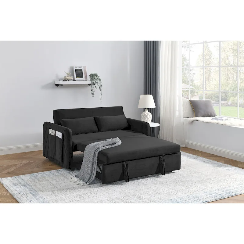 Modern Convertible Velvet Loveseat Sofa Sleeper Sofa Bed with 2 Pillows