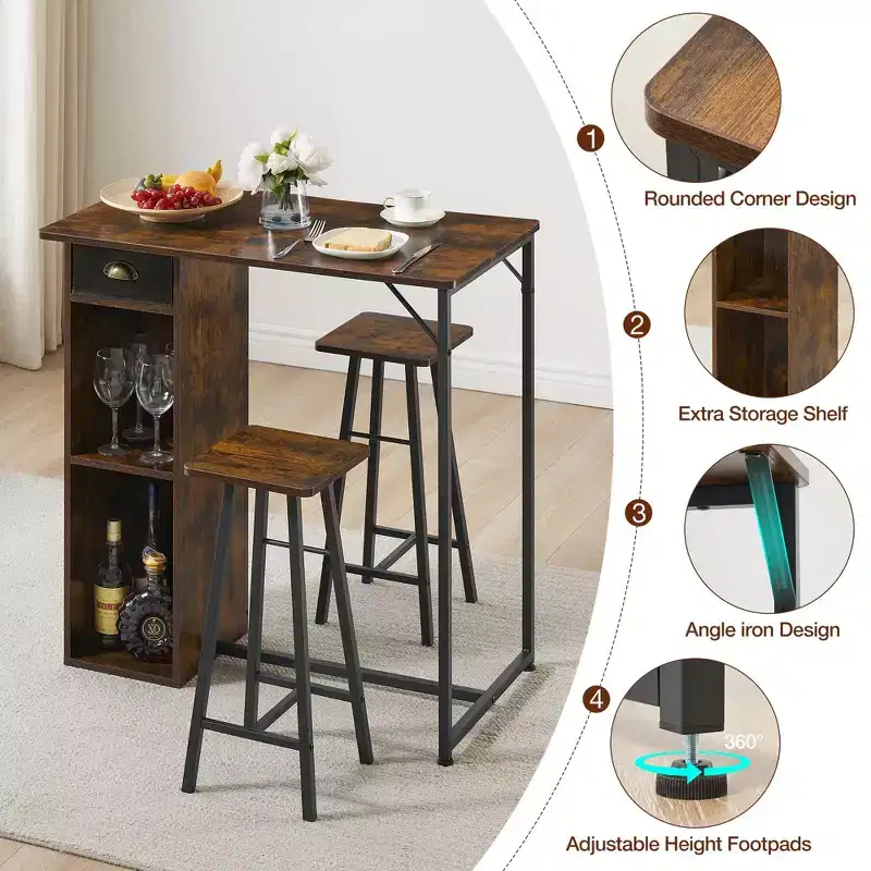 Bar Height Table and Chairs Set of 2 Small High Top Kitchen Table for 2 Seater, 3 Large Storage Shelves Space Saving for Dinner Pub Breakfast Brunch